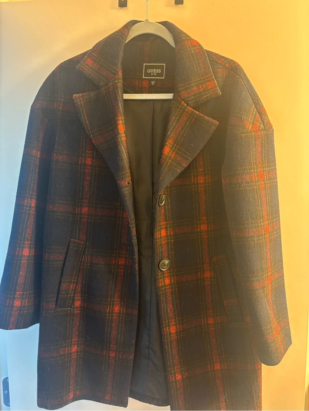 GUESS women’s Navy and Red Plaid Pea Coat